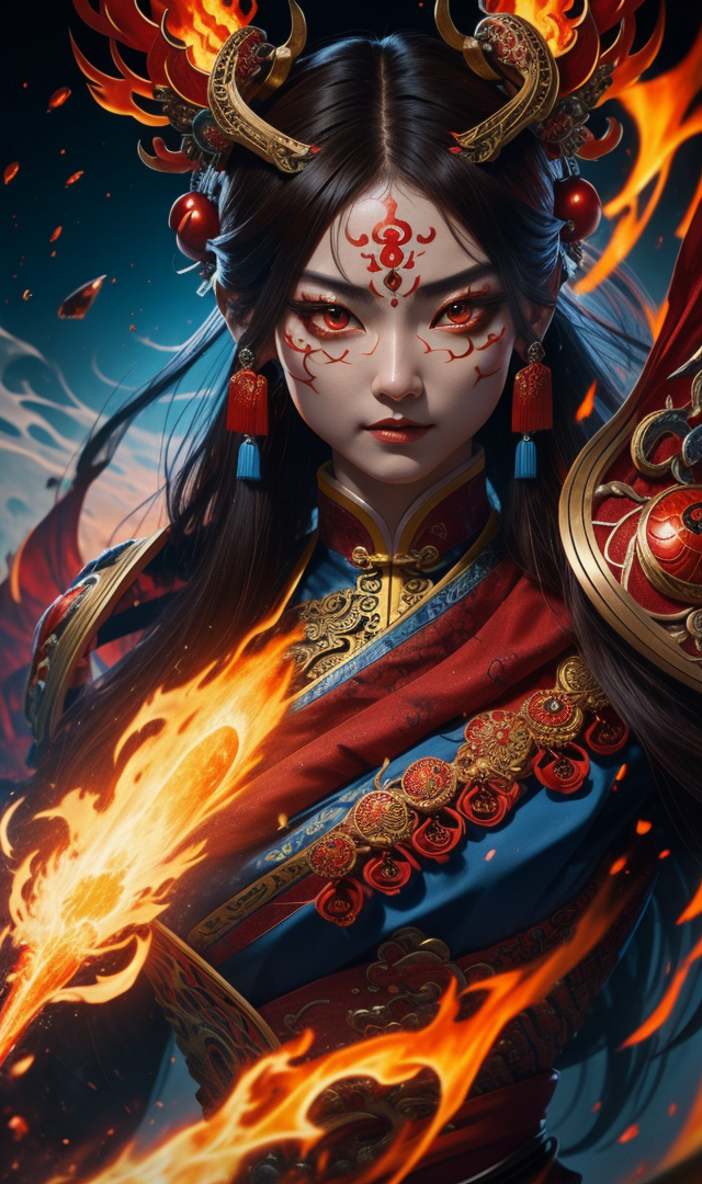 Stable Diffusion prompt: a chinese character in a fiery costume with red ey...