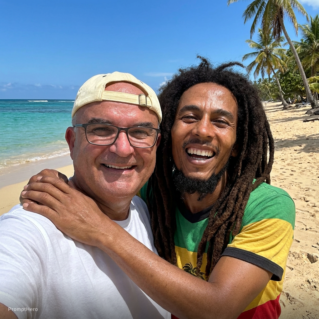 Nano Banana prompt: with bob marley at a tropical beach, sunny day, bo