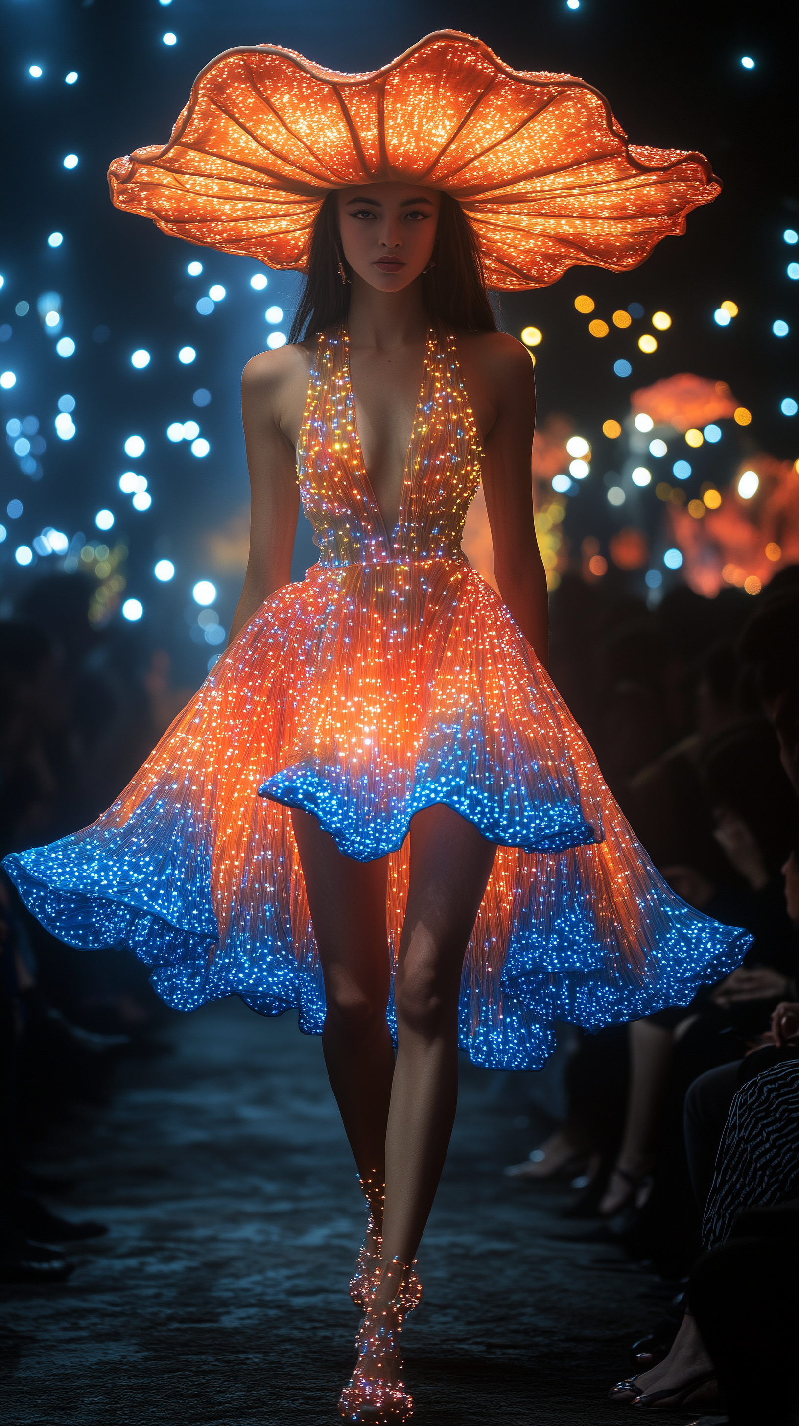 Midjourney prompt: Model wearing a luminous dress.--ar 9:16 --raw --s...