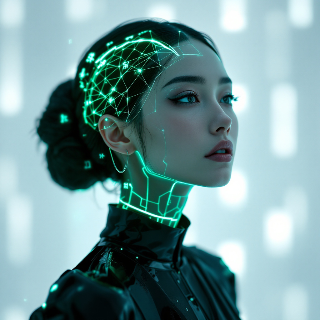 FLUX prompt: Portrait futuriste et éthéré d'une femme avec une ...