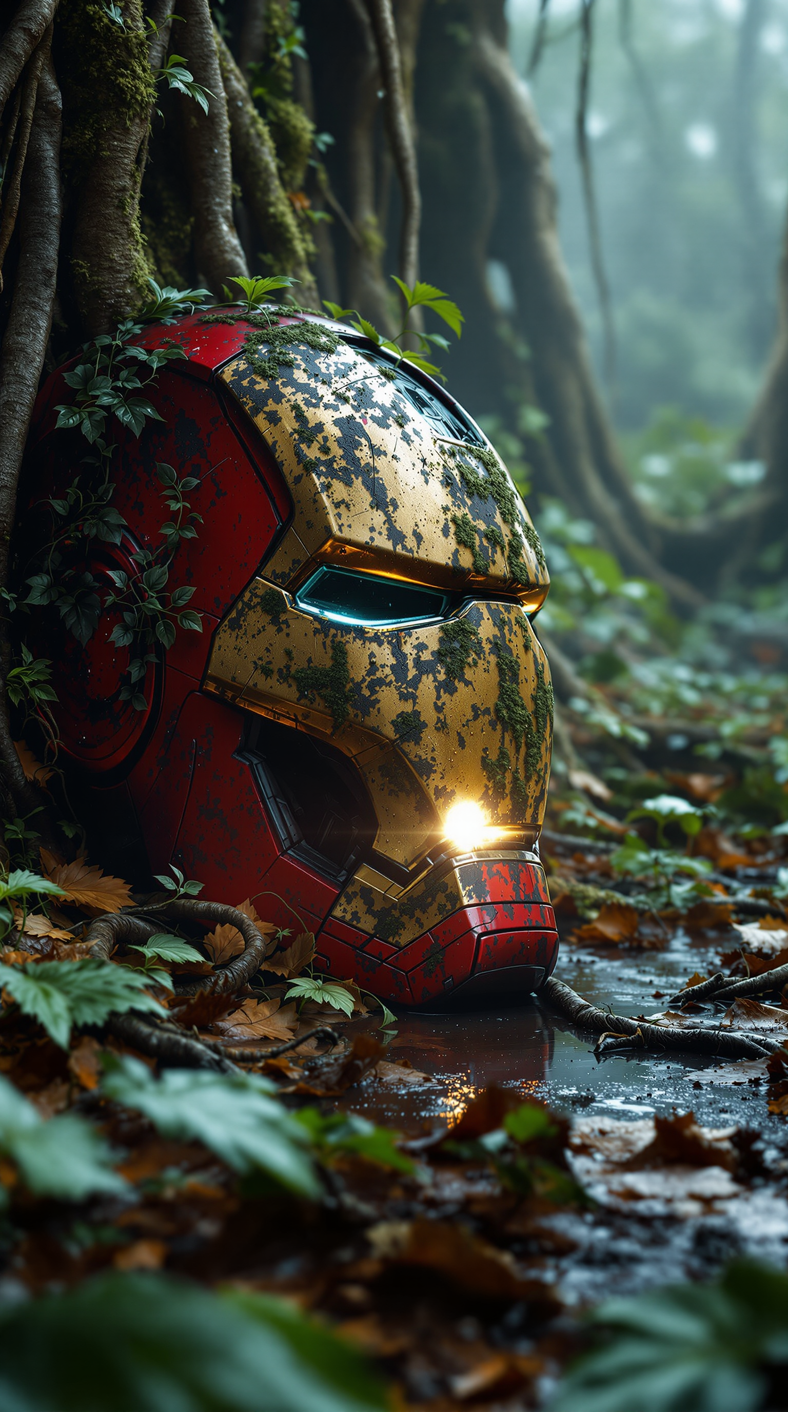 FLUX prompt: A close-up of a heavily rusted Iron Man helmet lyi...