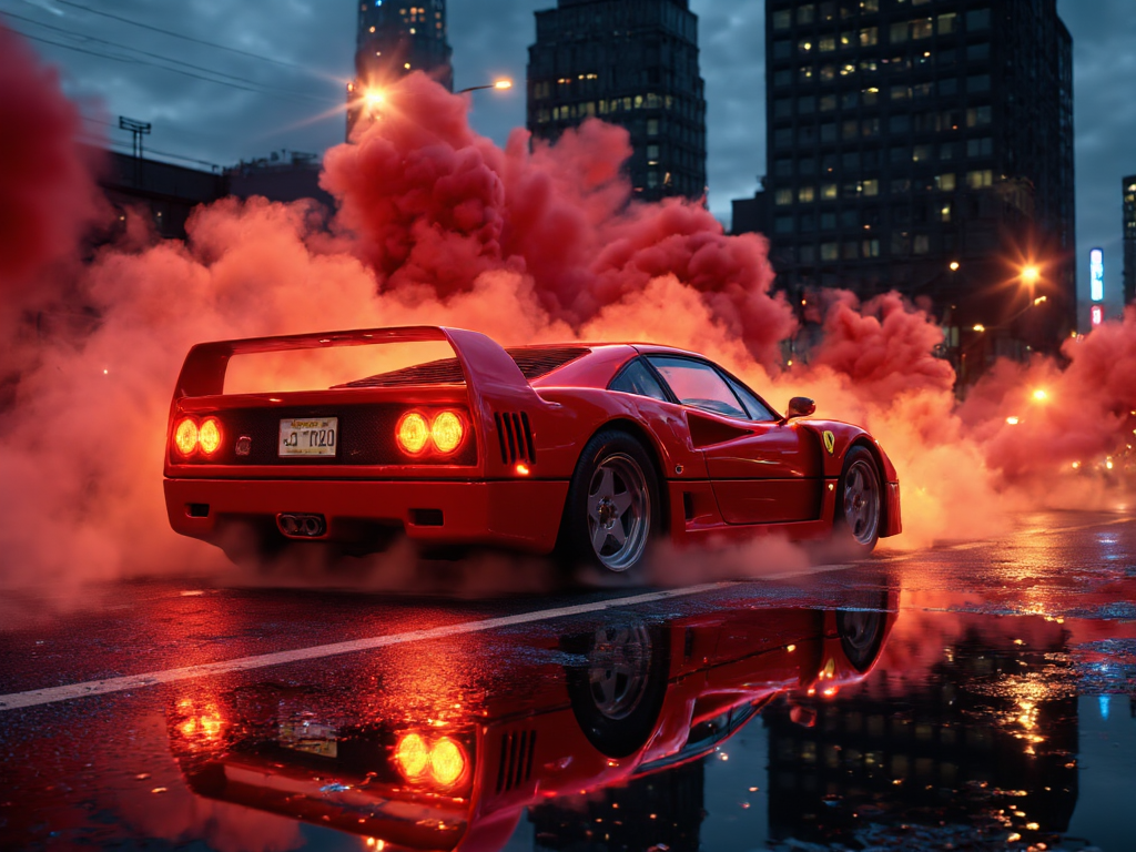 FLUX prompt: A hyperrealistic, cinematic shot of a Ferrari F40 ...