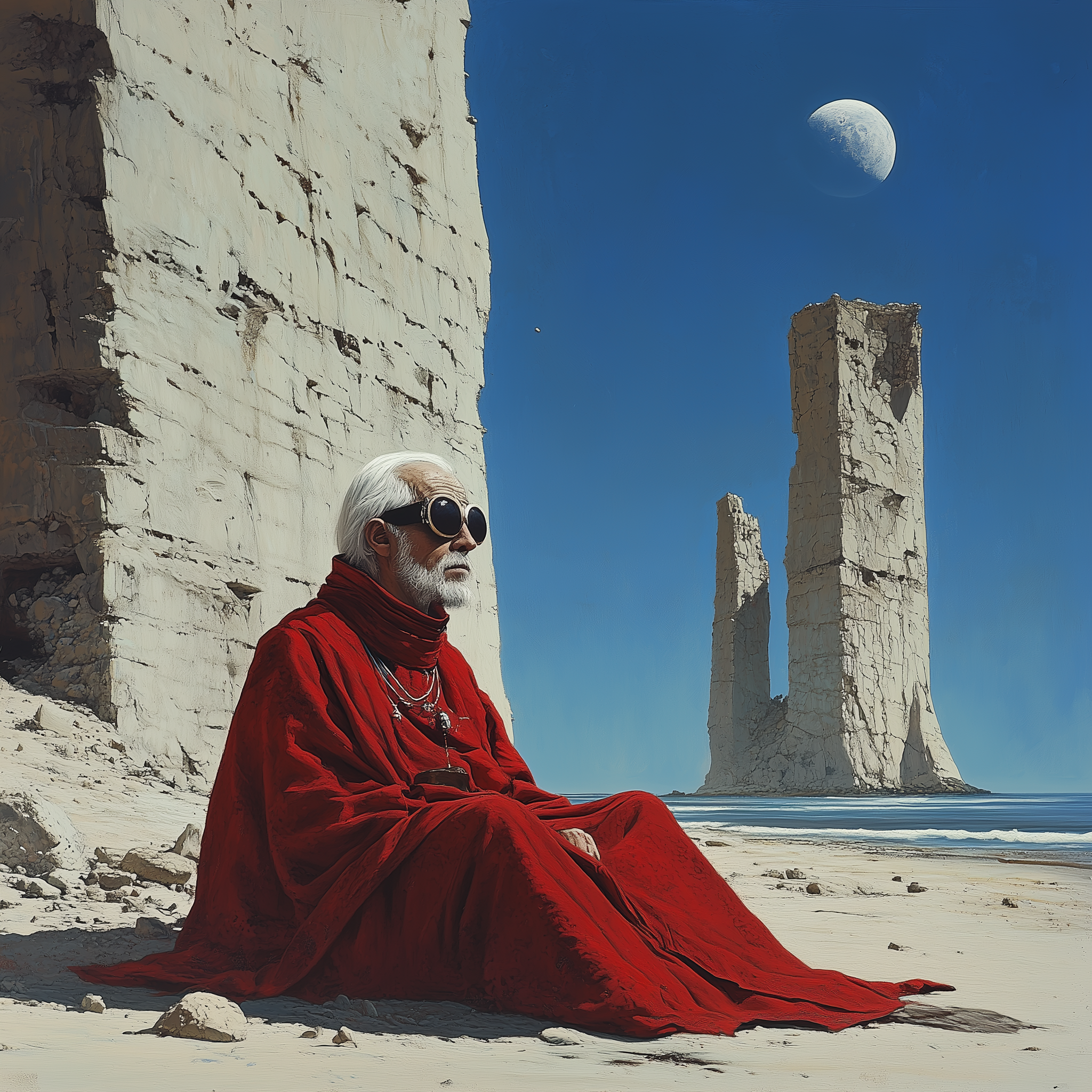 Midjourney prompt: An old man in red and white robes sits on the beac...