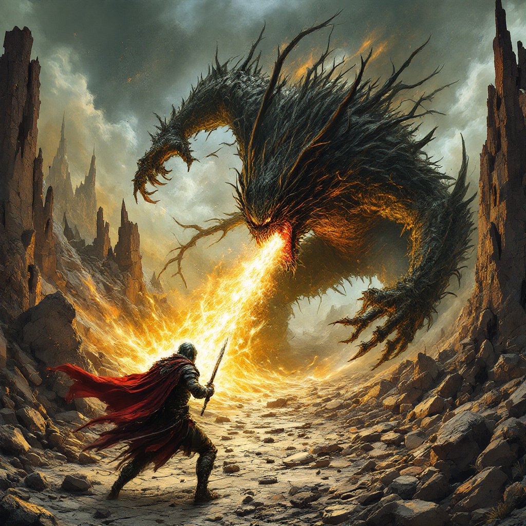 FLUX prompt: This image depicts a dramatic battle between a lon...