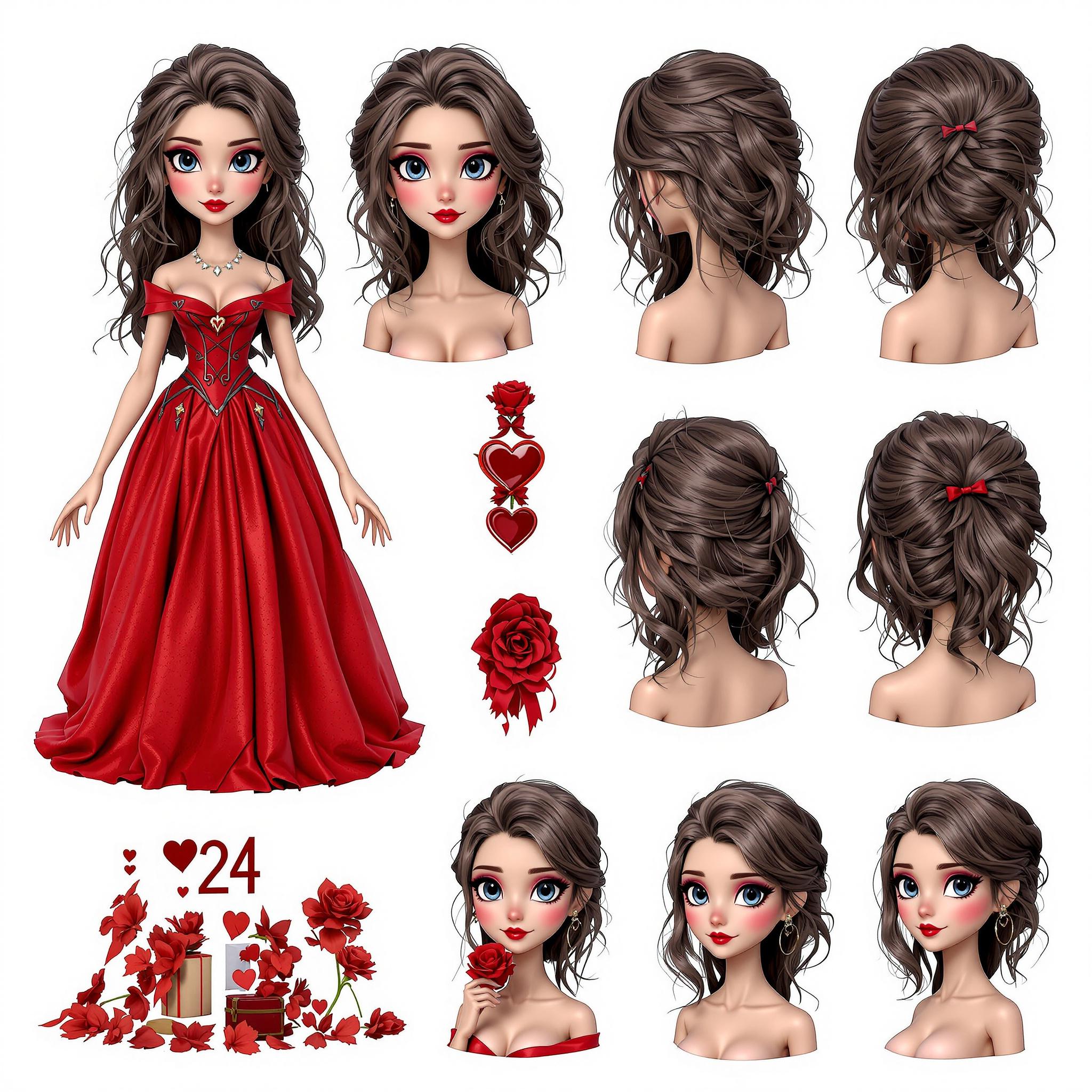 FLUX prompt: Character sheet,diesney valentine, Girl with fasen...