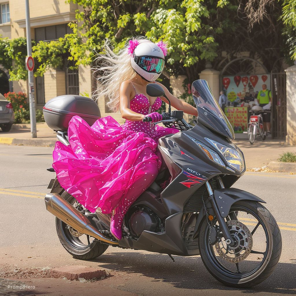 Flux Kontext  prompt: A white person with a pink dancing dress and motor