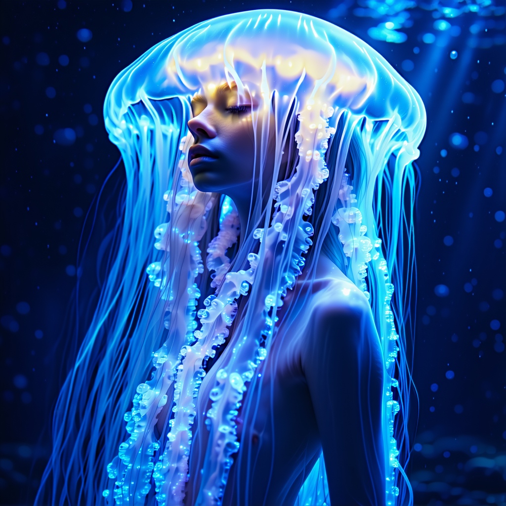Stable Diffusion prompt: A woman with luminescent jellyfish DNA, her transl...