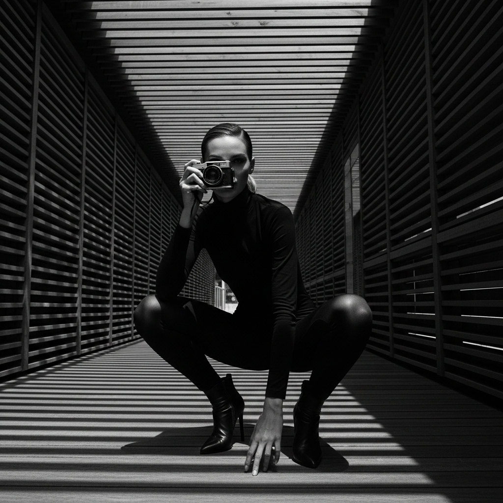 Google Imagen prompt: High-contrast black and white full-body photograph...