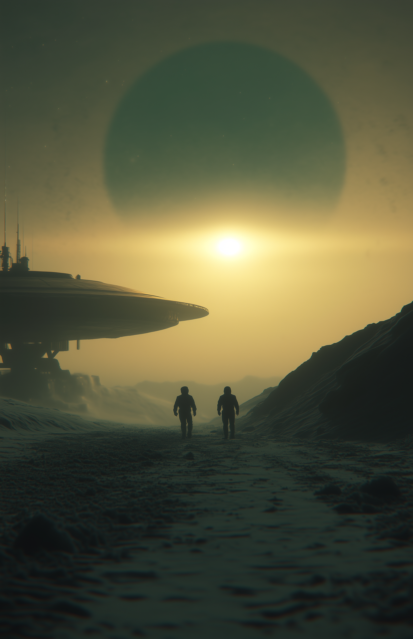 Midjourney prompt: 70s book art of an alien spacecraft on an exoplane...