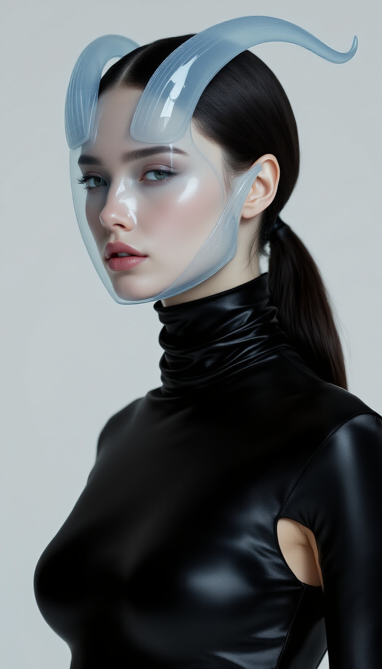 FLUX prompt: A female model wears a sleek, black, high-necked l...