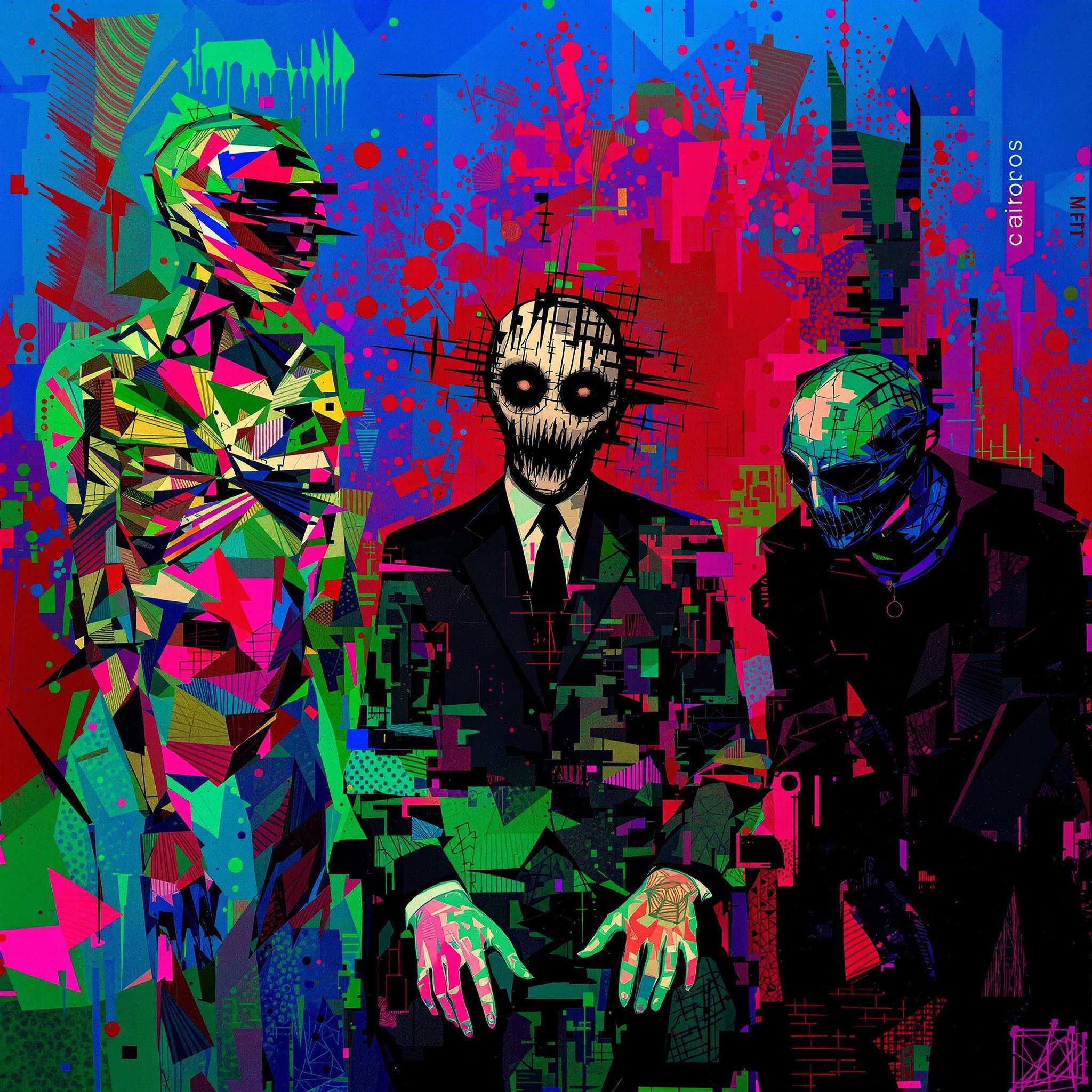 FLUX prompt: A surreal, abstract artwork featuring three figure...
