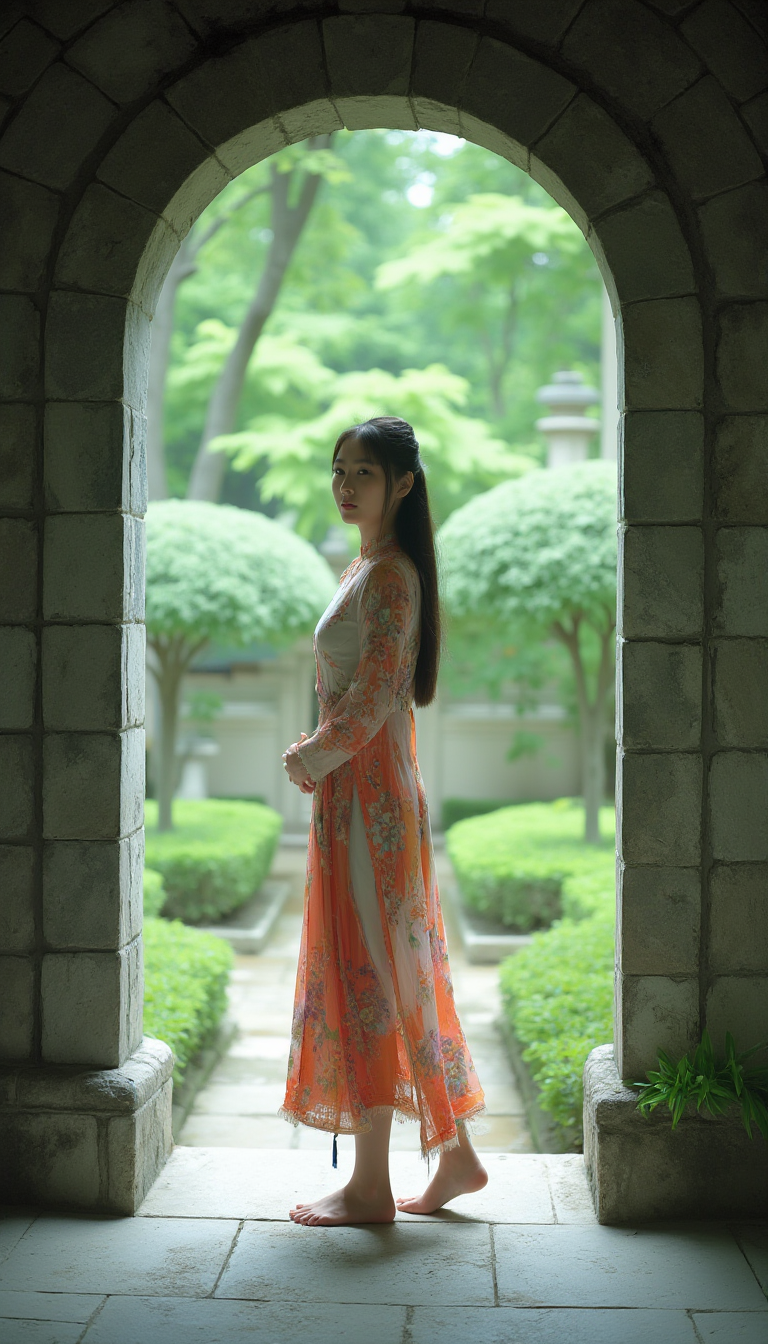 FLUX prompt: In the tranquil setting of a stone archway, a youn...