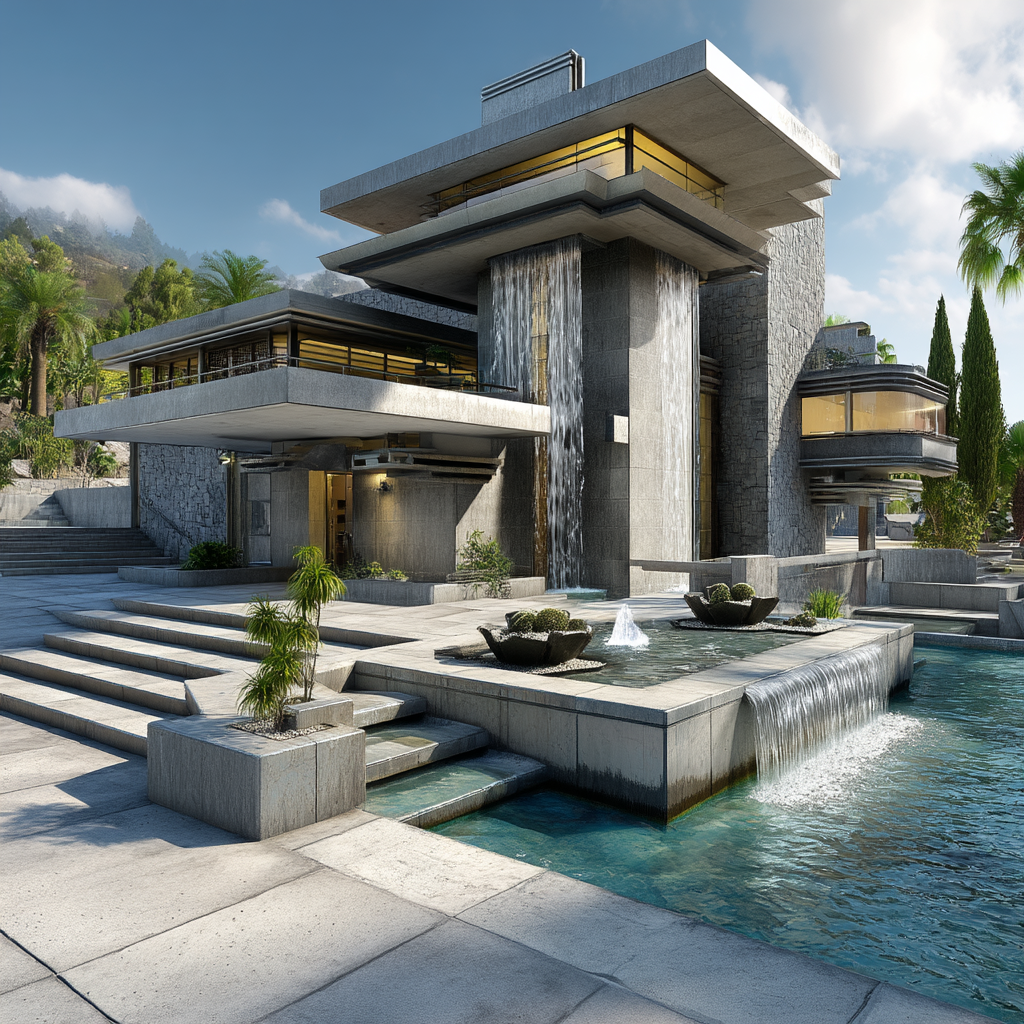 Midjourney prompt: majestic mid-century modern mansion resembling a l...
