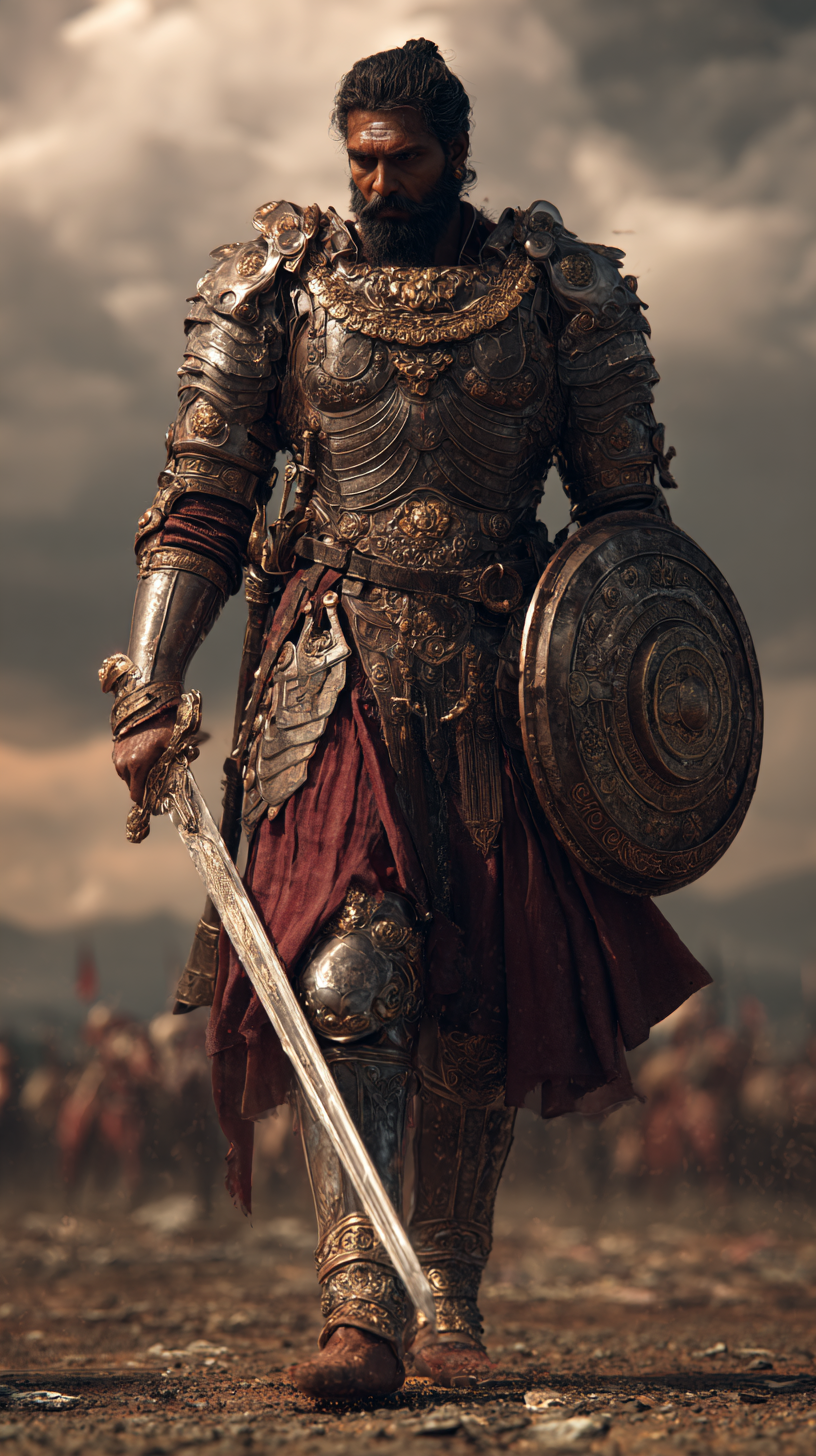 Midjourney prompt: indian male warrior from Mahabharatha, wearing etn...