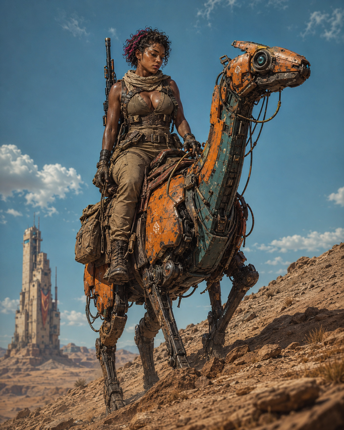 A lone desert scout riding a robotic reptile-like ...