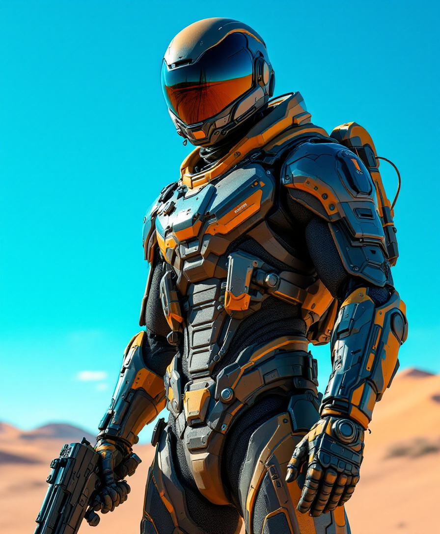 FLUX prompt: futuristic man in a sleek tactical suit, vibrant d...
