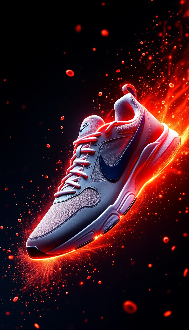 FLUX prompt: Premium Nike sneaker with subtle red energy whisps...