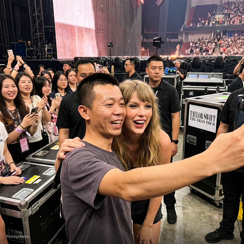 Nano Banana prompt: with Taylor Swift backstage at a concert, excited