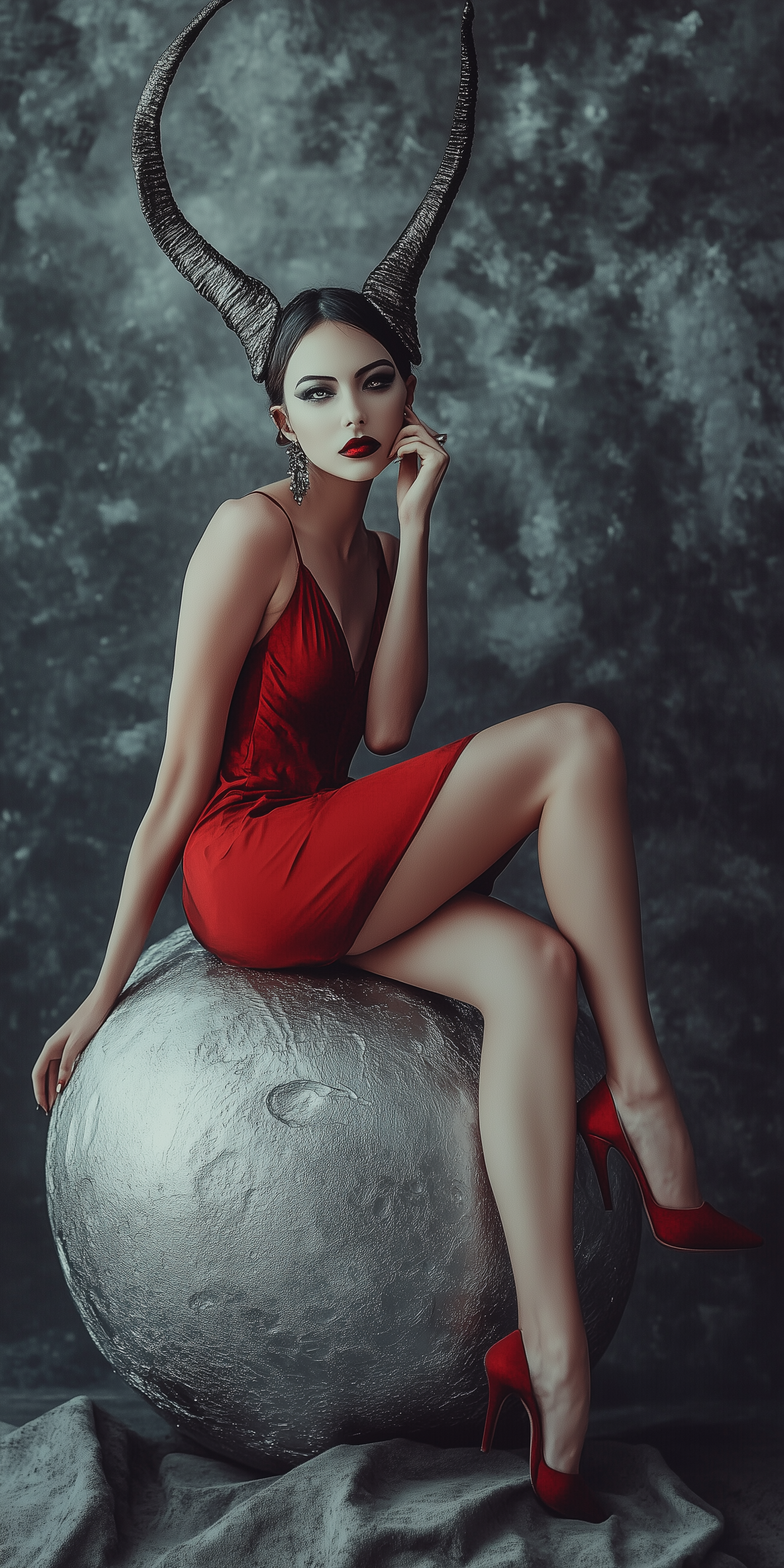 Midjourney prompt: A fashion photo of a female alien with horns sitti...