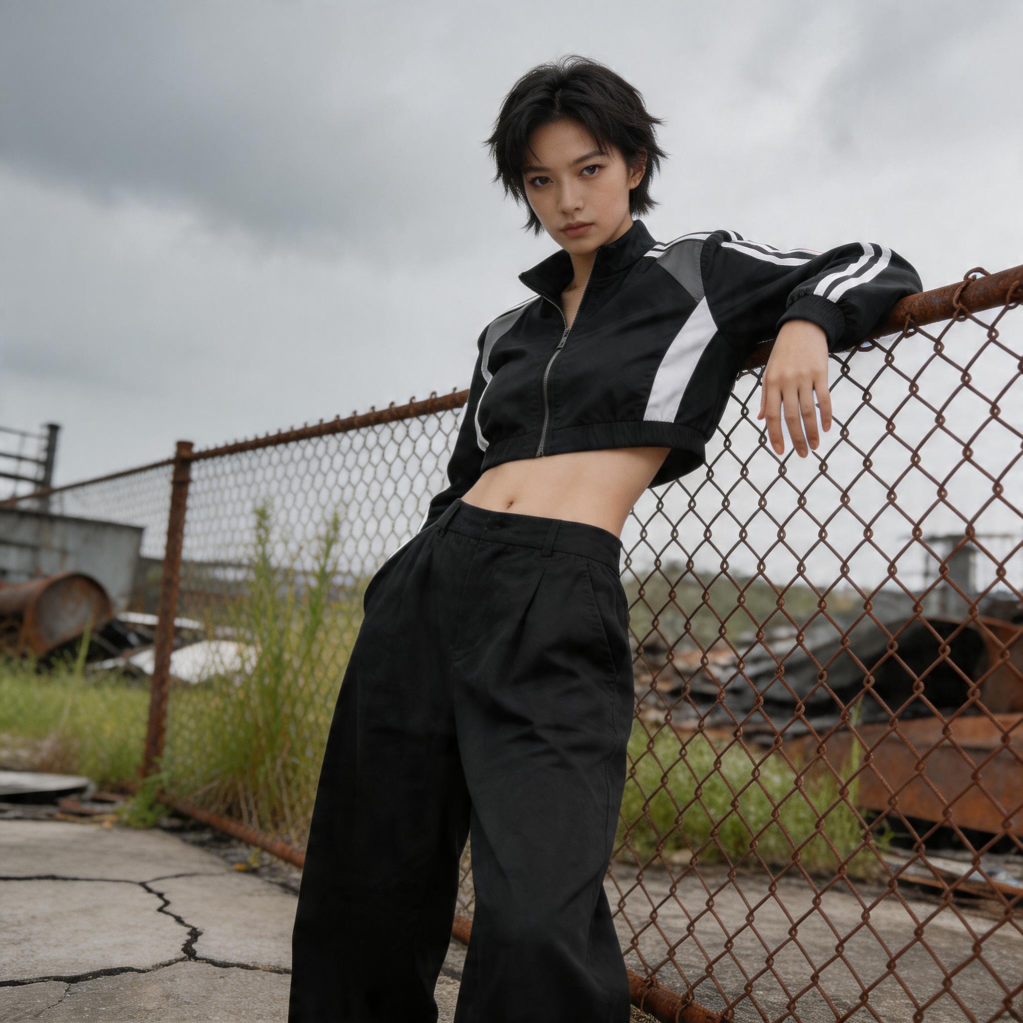 Hero prompt: Fashion photo of a Female model with boyish silhou...