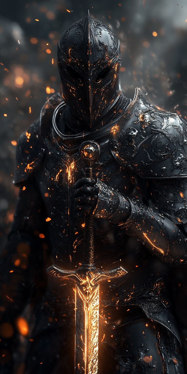 Midjourney prompt: a knight in black and gold armor holding his sword...