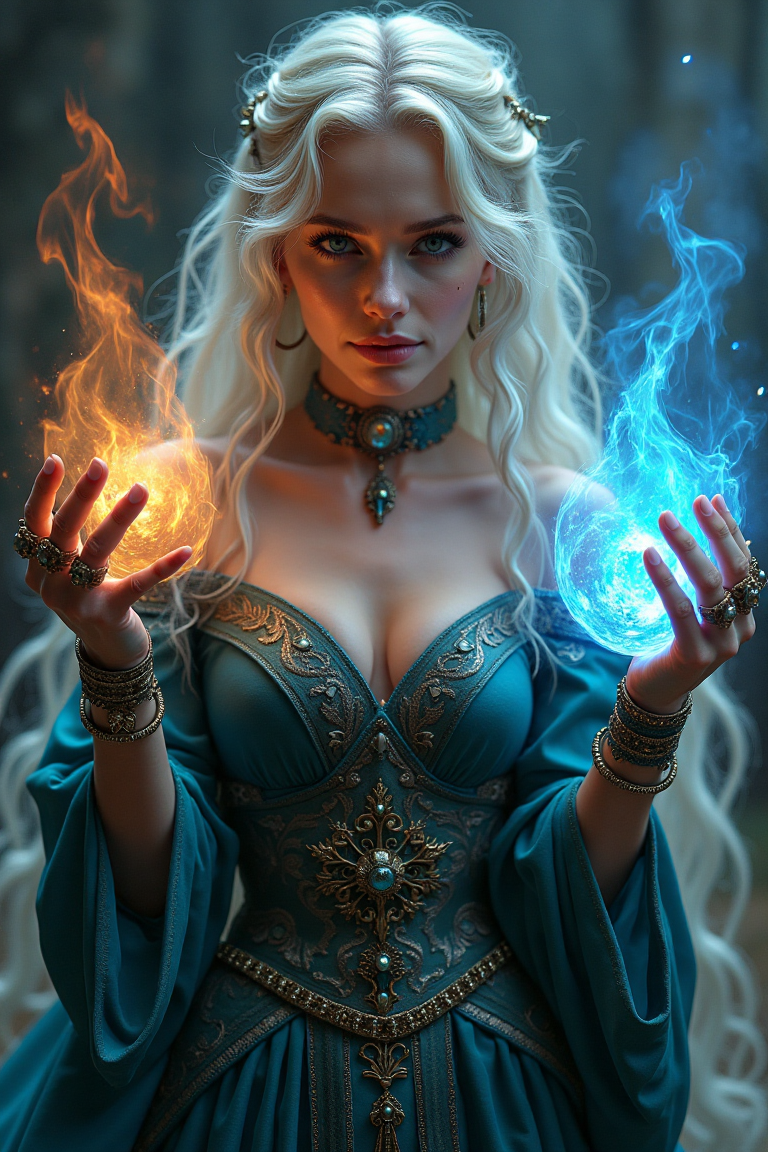 FLUX prompt: A stunning slim female wizard stands poised in a m...