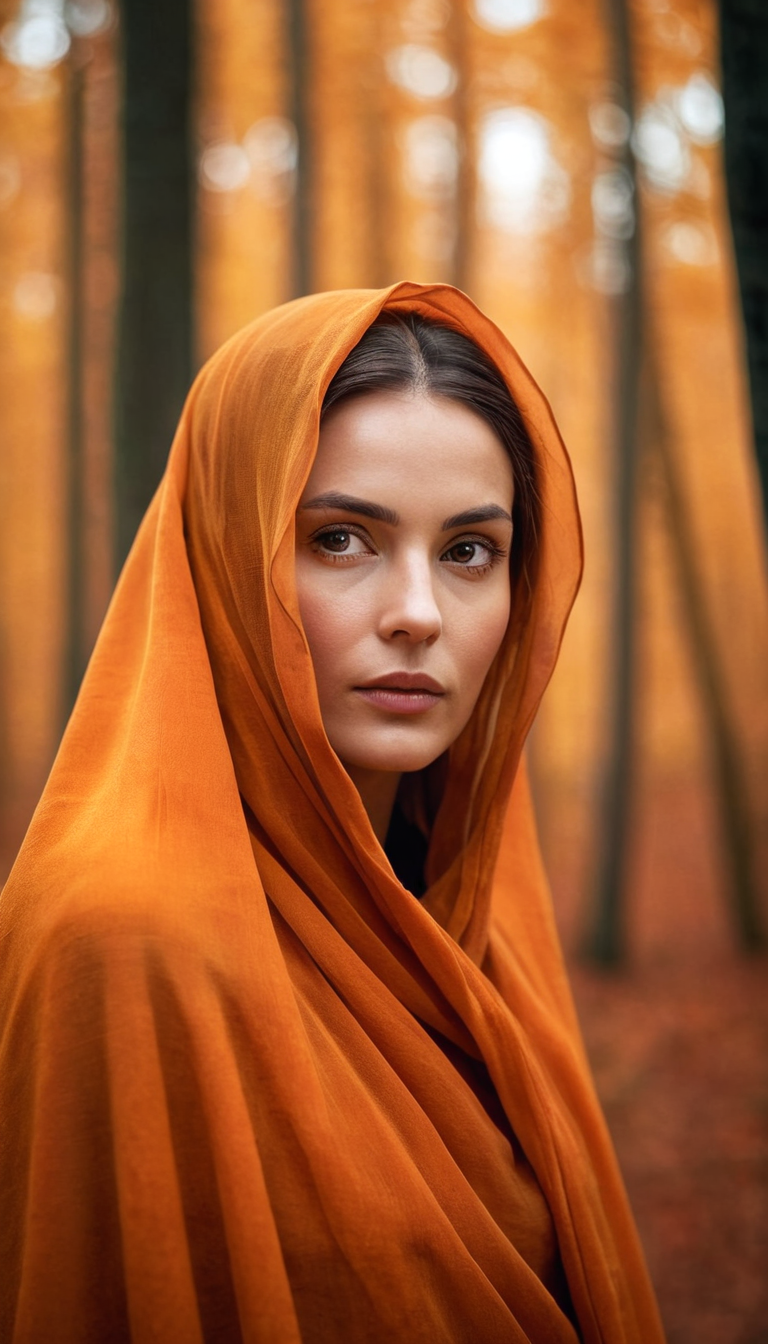 Stable Diffusion prompt: A close up of mysterious woman in orange veil cloa...