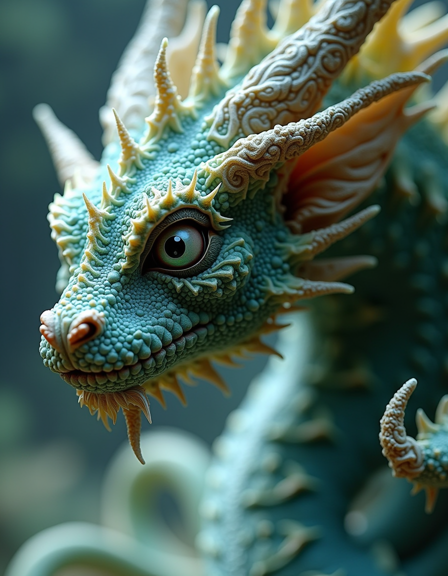 FLUX prompt: close up dof render of a mythical creature made of...