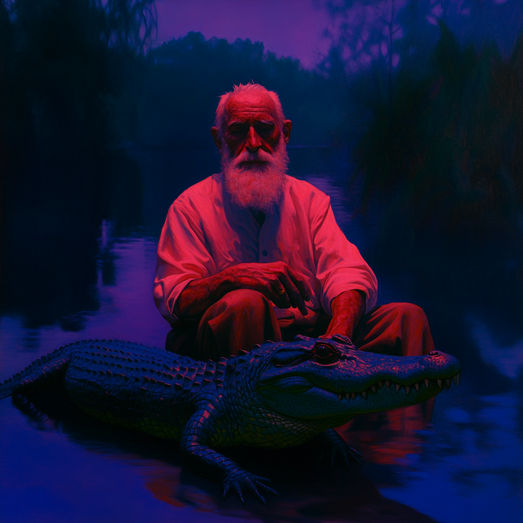 Midjourney prompt: an old man with white beards pets his alligator in...