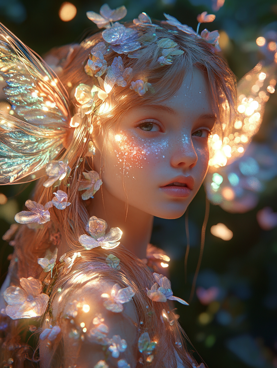 Midjourney prompt: A radiant fairy-like girl with delicate and innoce...