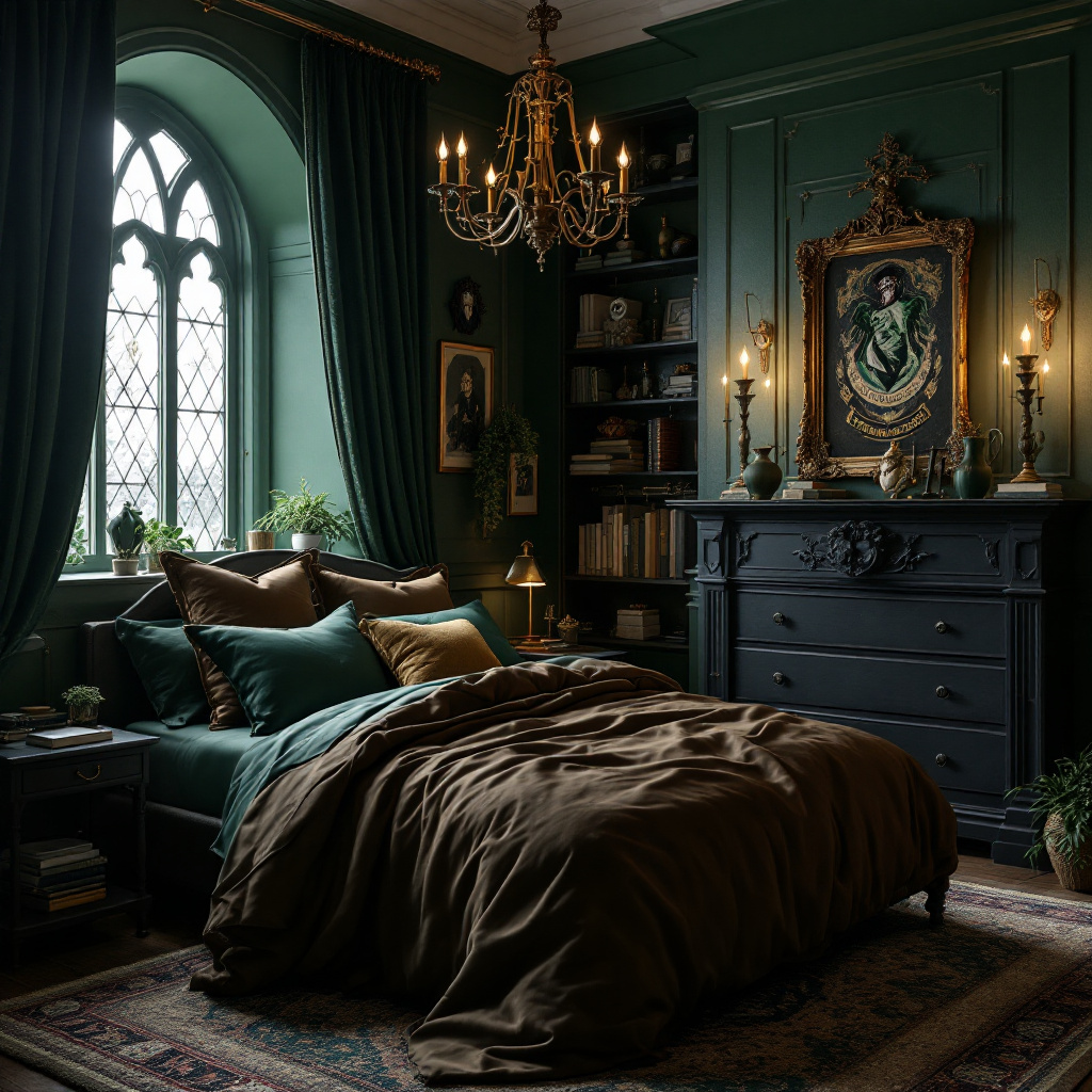 FLUX prompt: Slytherin style bedroom