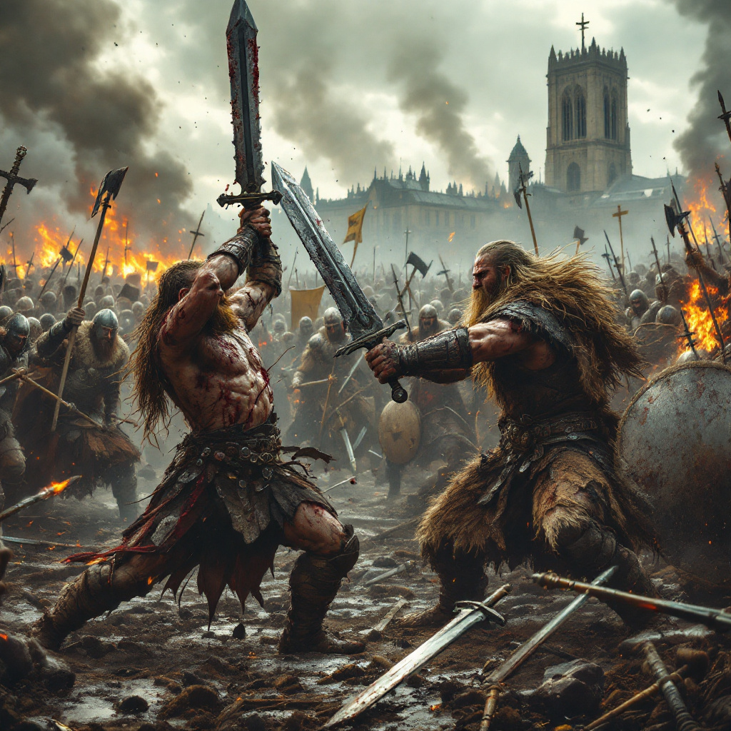 FLUX prompt: Ragnar Lothbrok, covered in mud and blood, wields ...