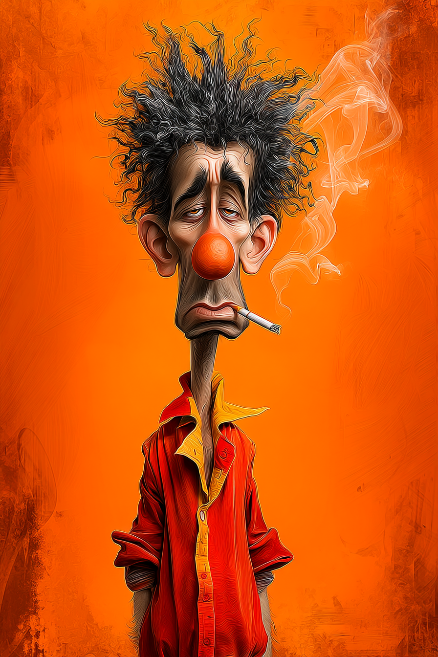 Midjourney prompt: funny caricature, disheveled clown character, male...