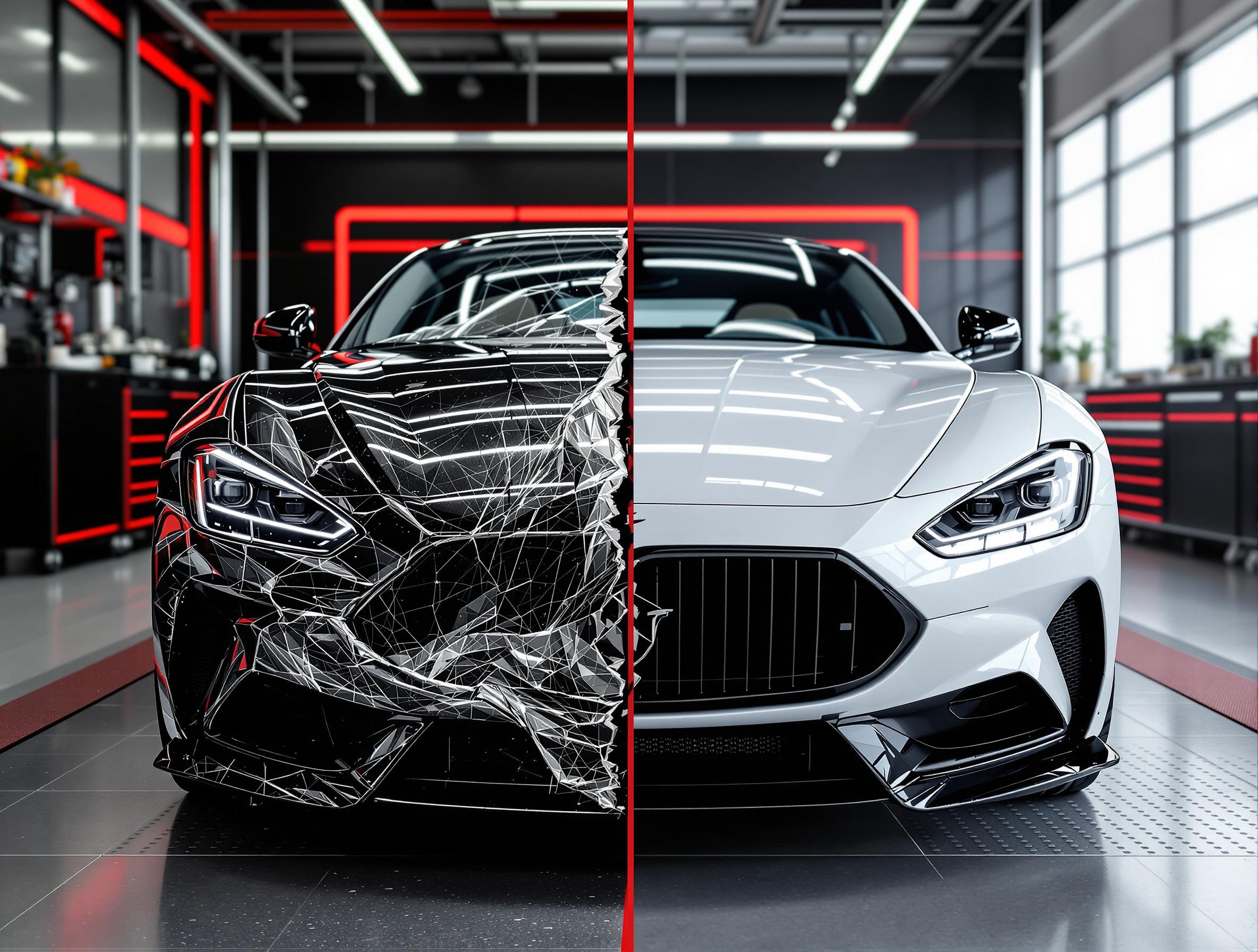 FLUX prompt: A luxury car, front-facing, with a split down the ...