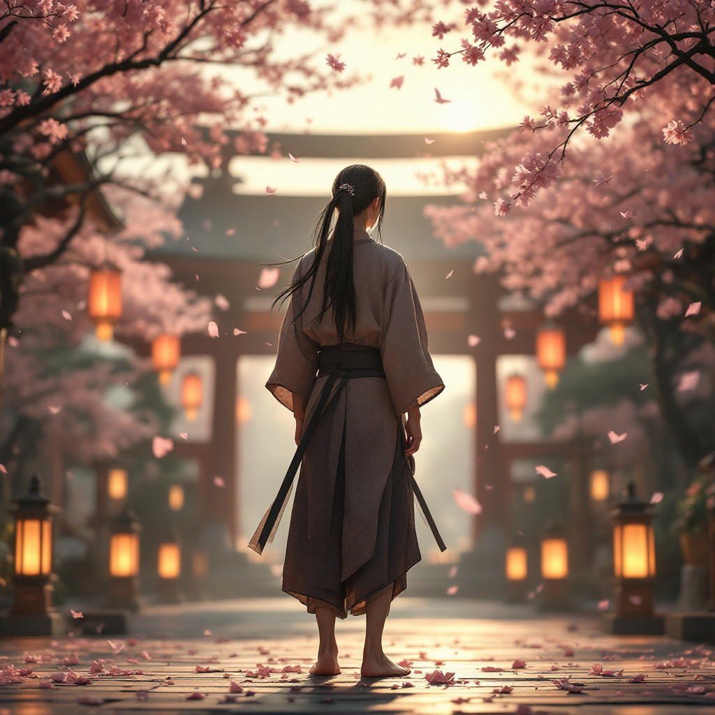 FLUX prompt: full body view of Young Samurai with long black ha...