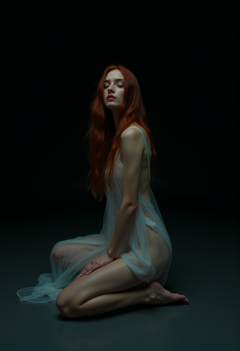 FLUX prompt: A young woman with pale, porcelain skin and long, ...
