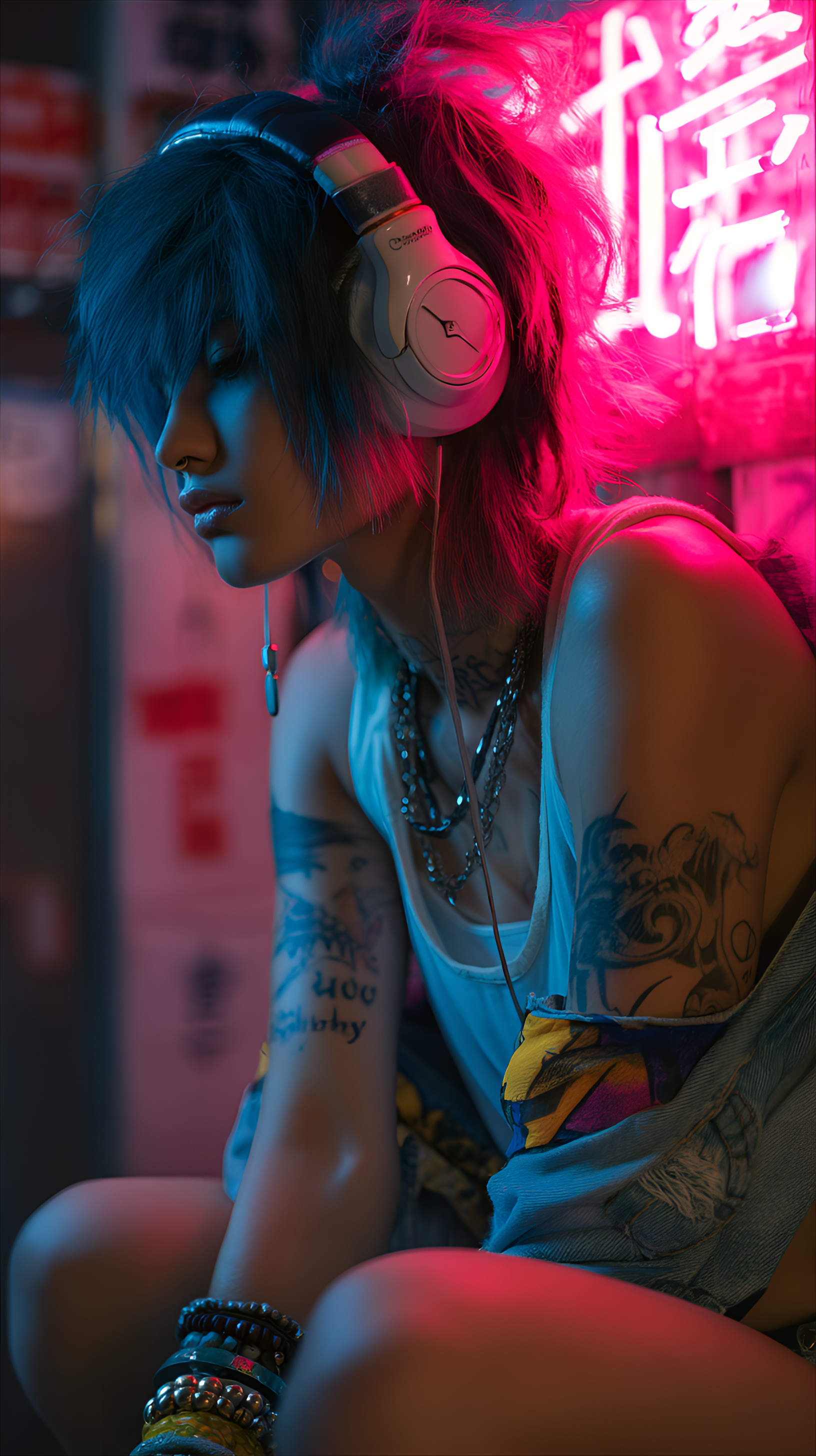 Midjourney prompt: character wearing headphones, lost in music, dark ...