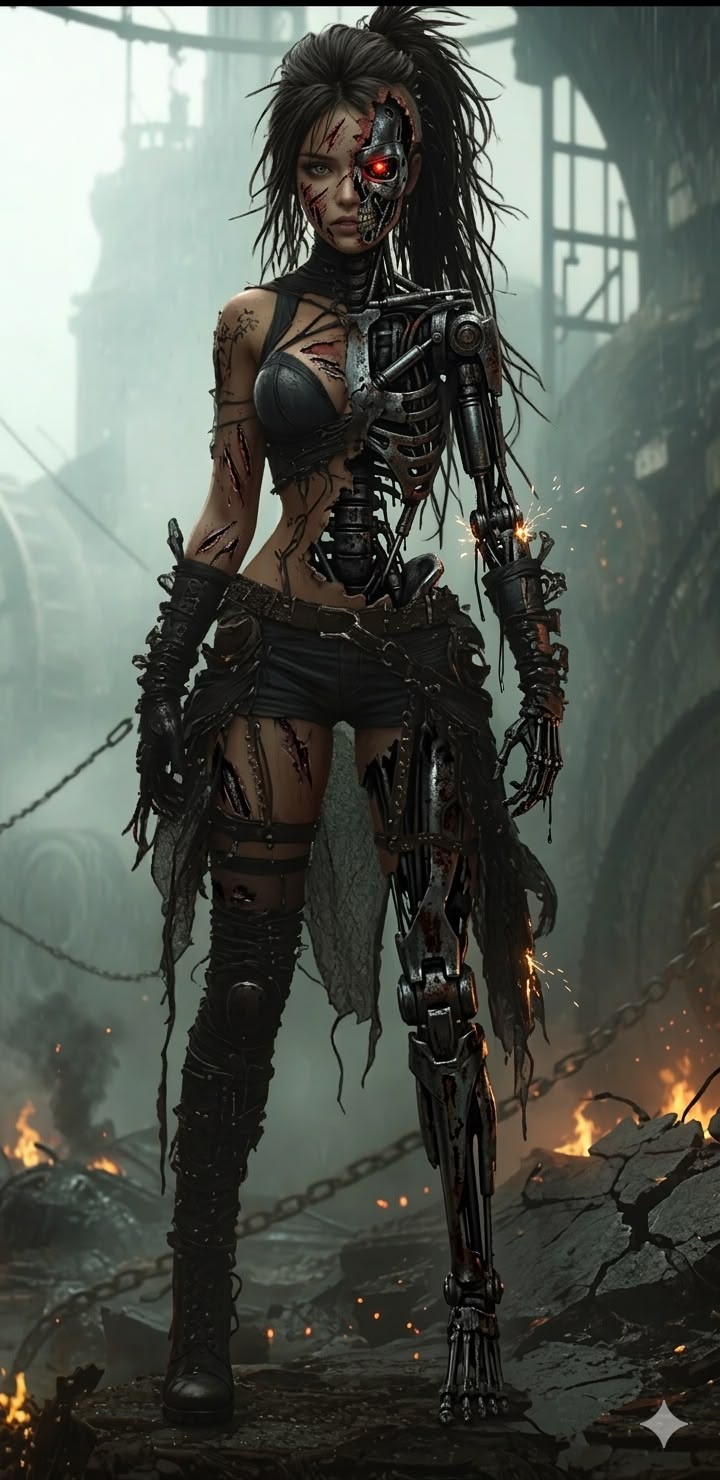 Full-body cinematic shot of a battle-damaged femal...