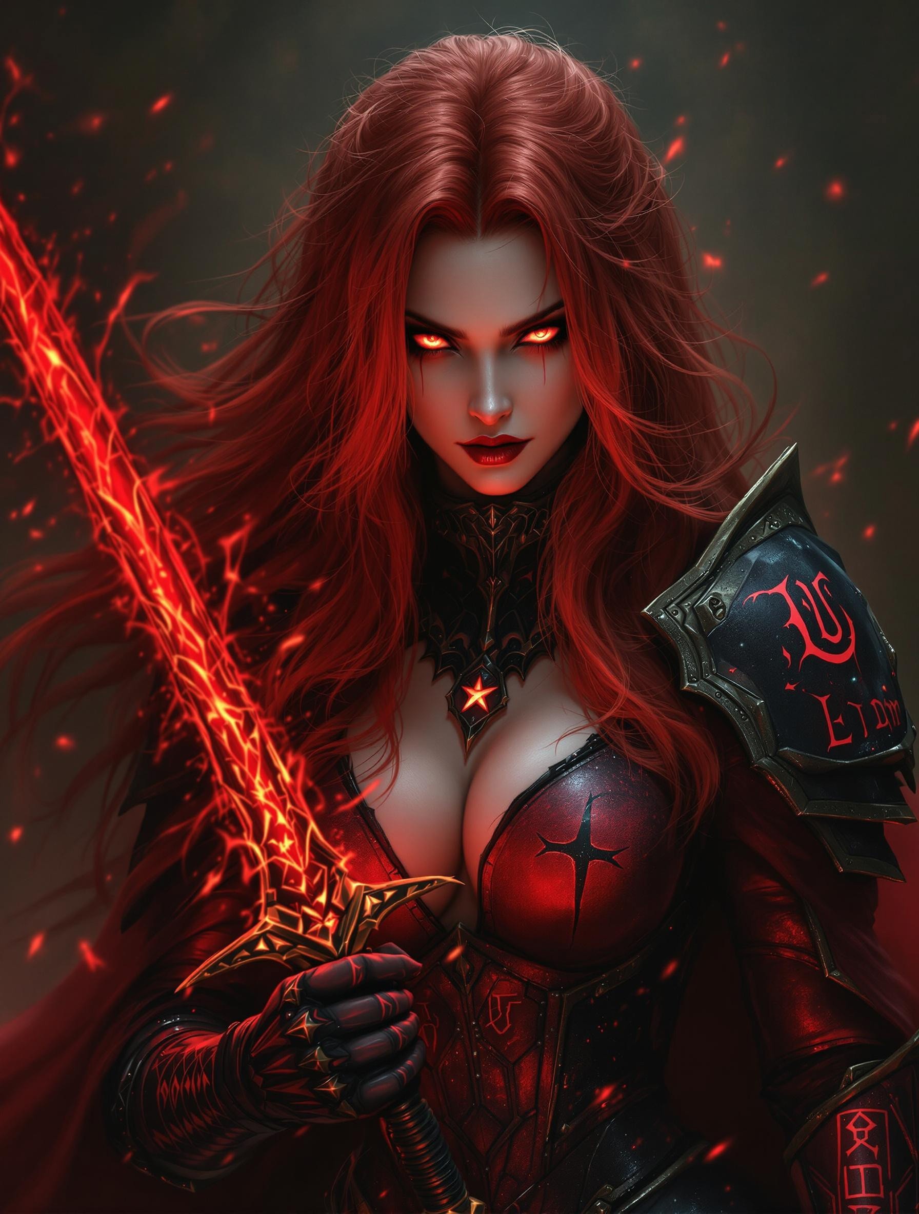 FLUX prompt: A crimson-haired sorceress stands before me, her f...