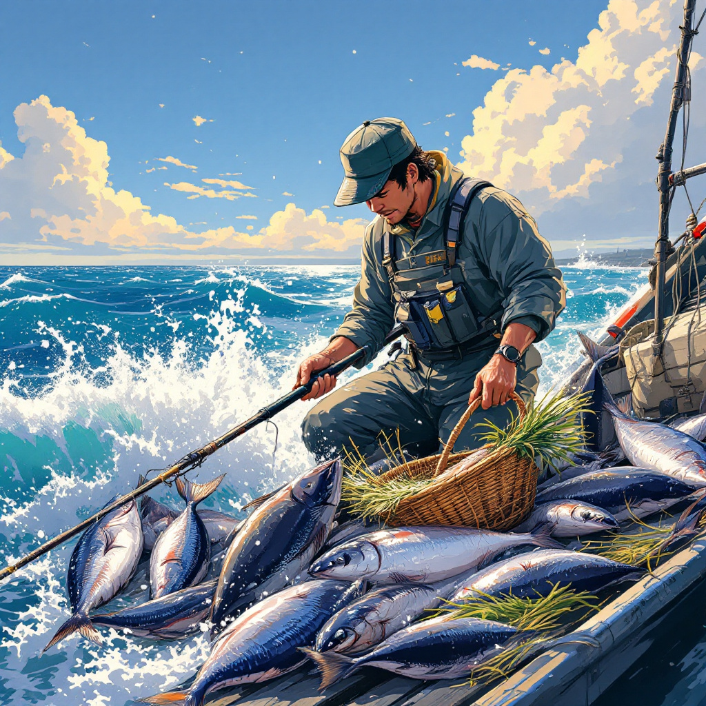 FLUX prompt: Harvest the fish catch, japanese anime style, fish...
