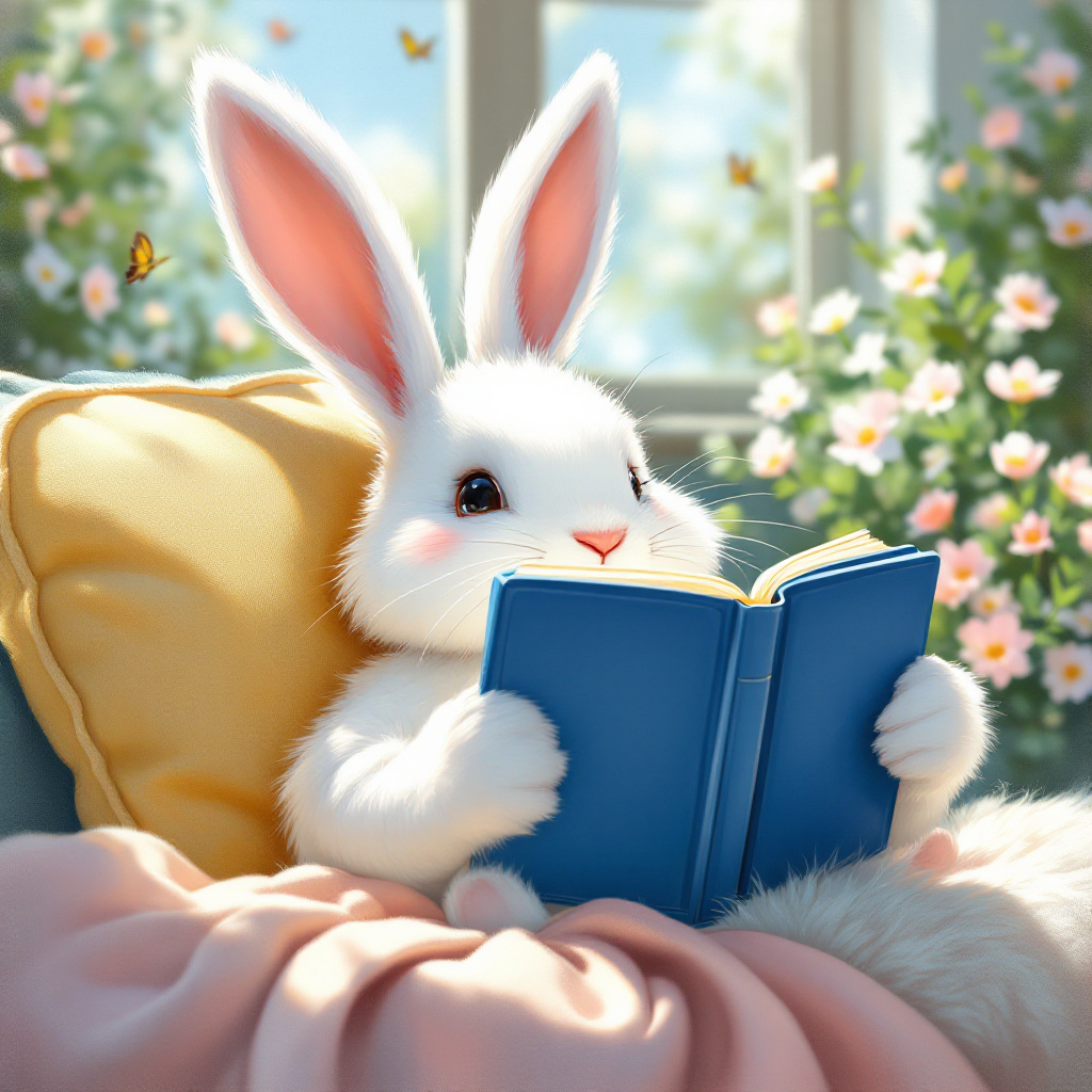 FLUX prompt: Oil painting: A white rabbit with long ears is lyi...
