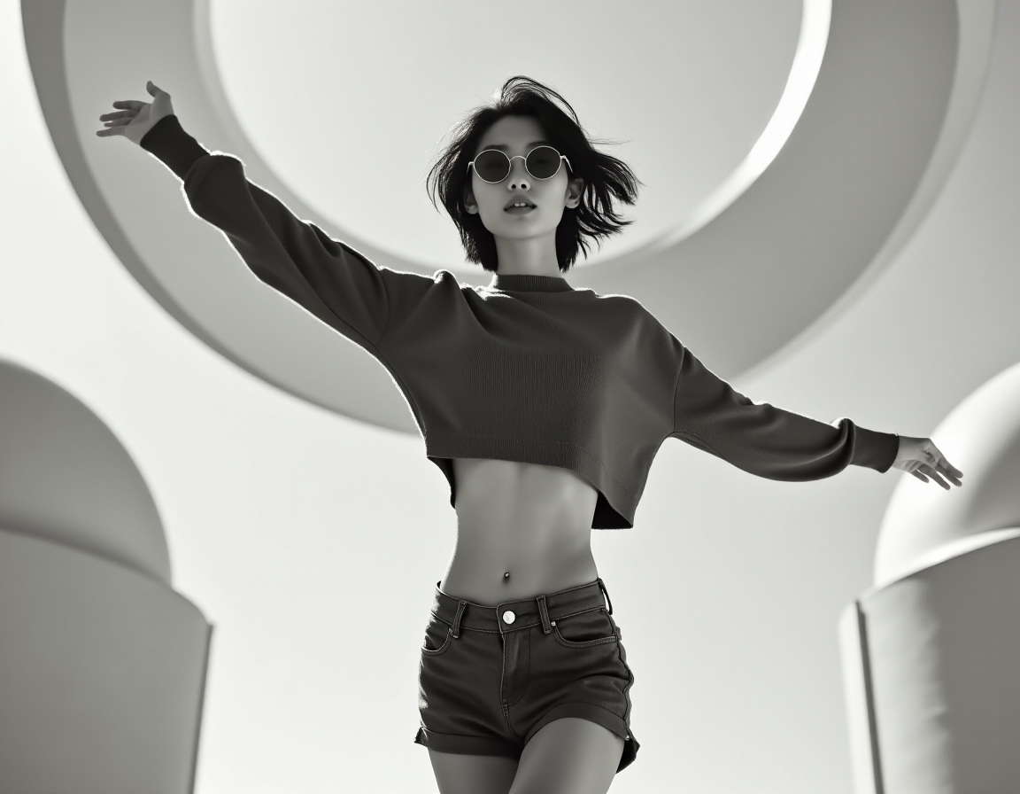 FLUX prompt: monochrome High fashion black and white upper body...