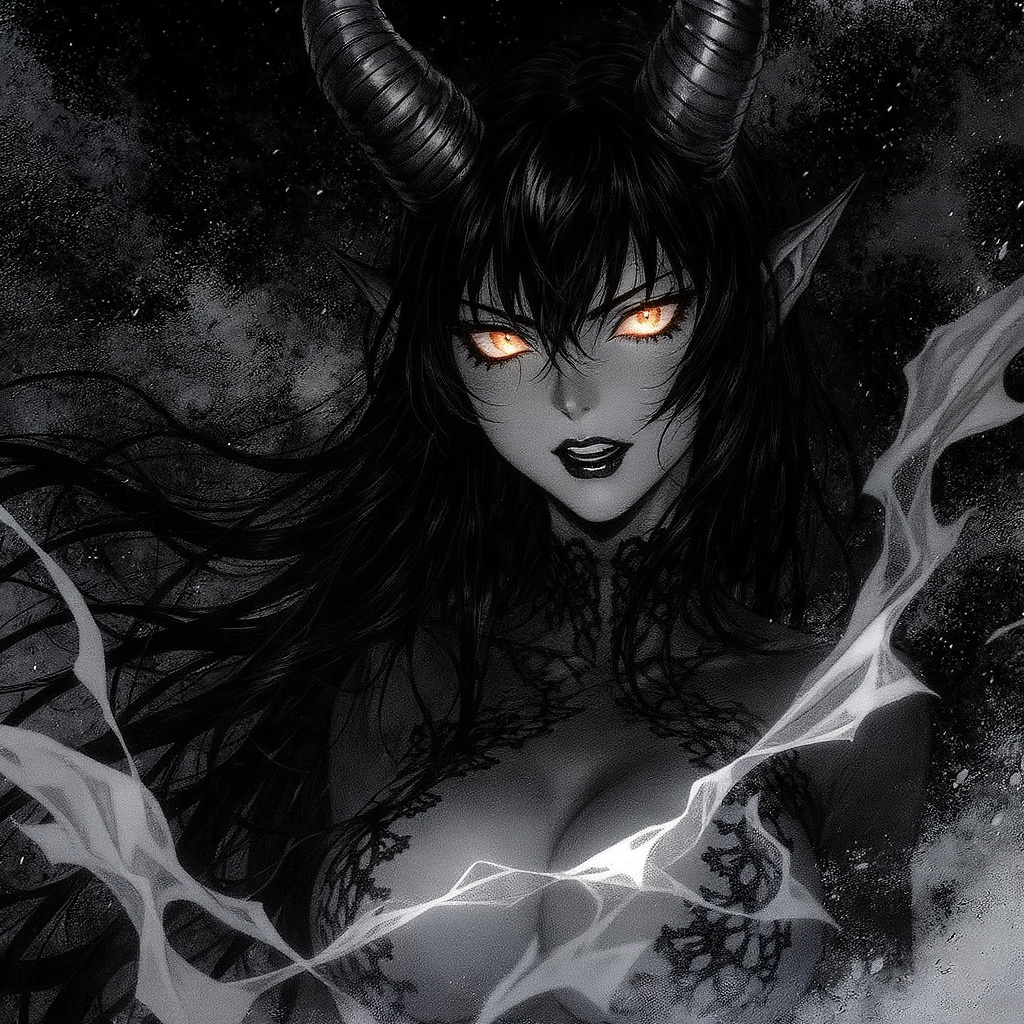 Flux Kontext  prompt: beautiful demon, with glowing eyes, black hair fri...