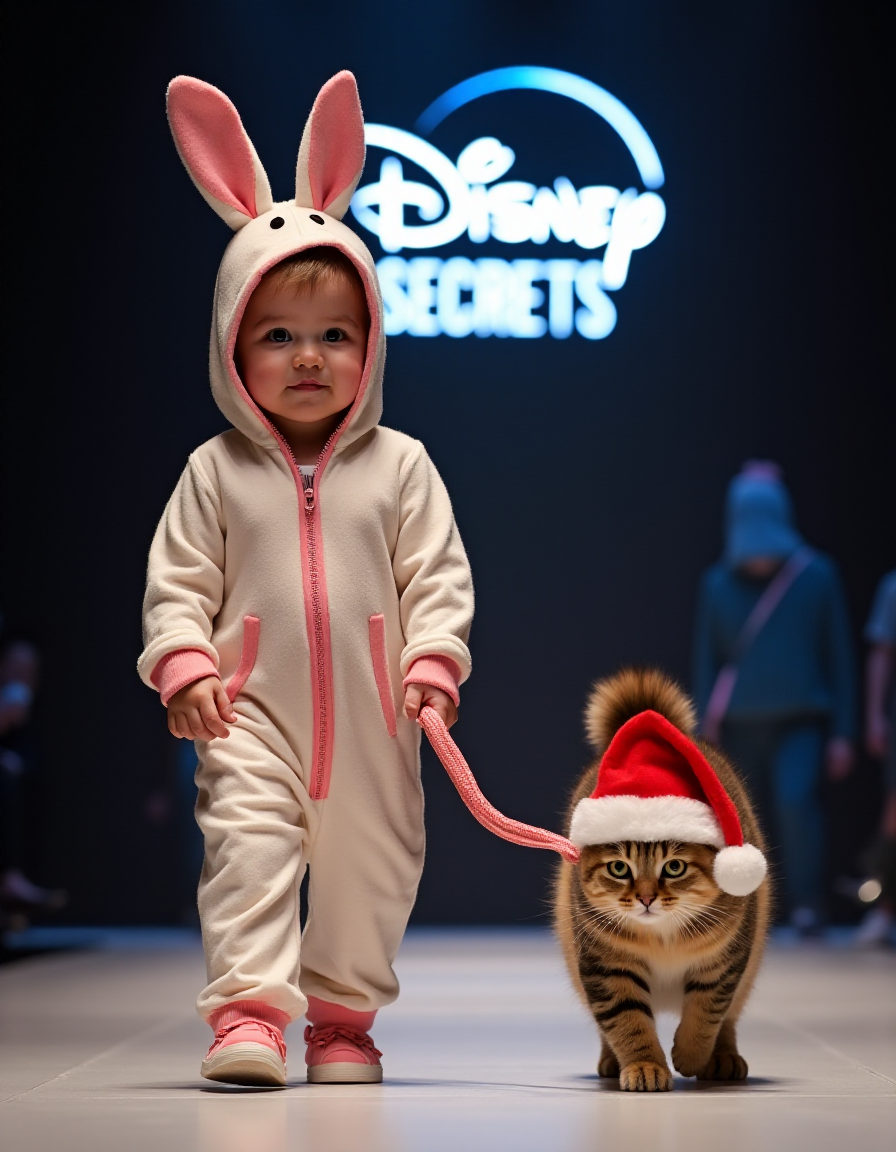 FLUX prompt: A baby dressed in bunny pajamas leads a pet cat on...