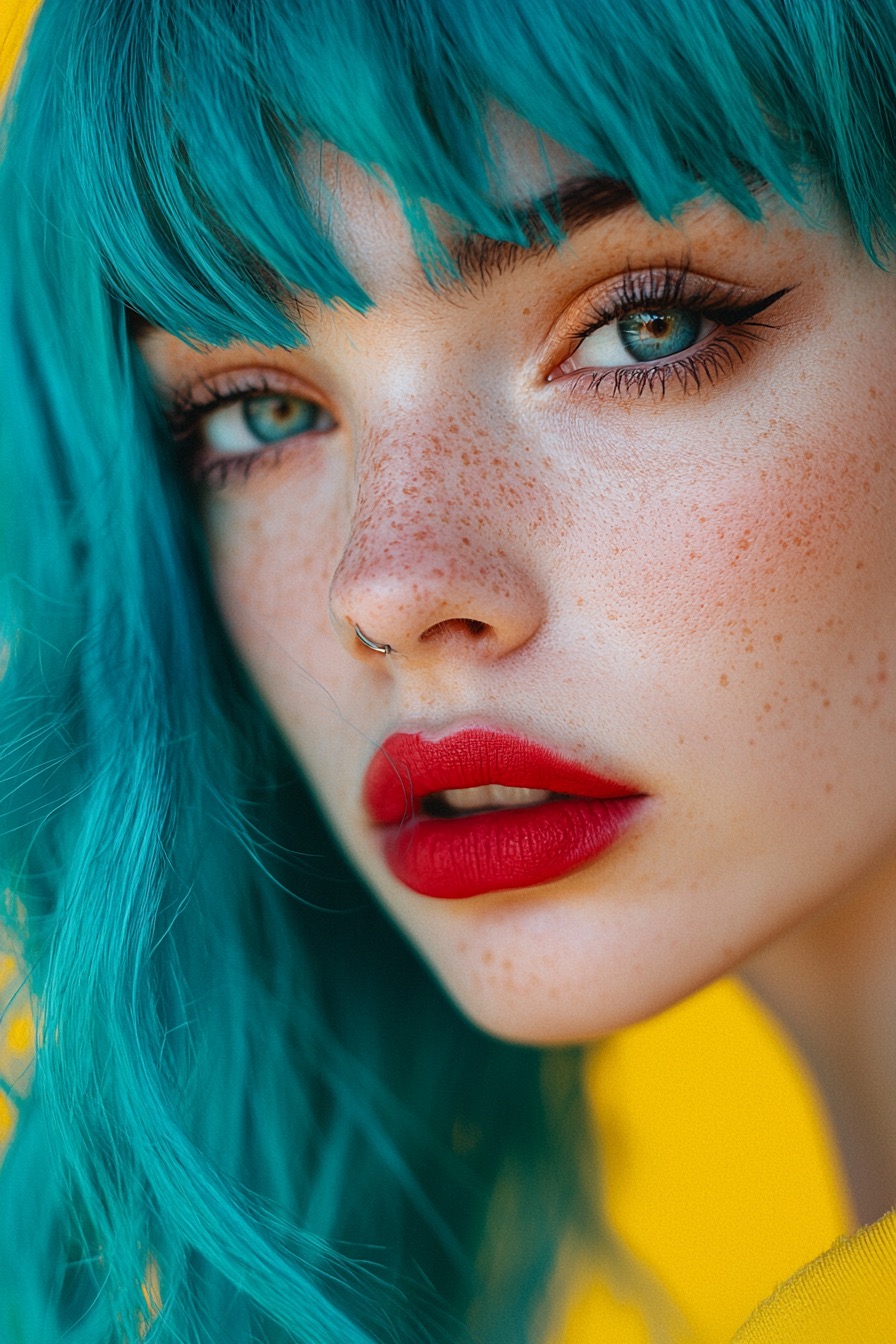 Midjourney prompt: A close-up portrait of a woman with vibrant blue h