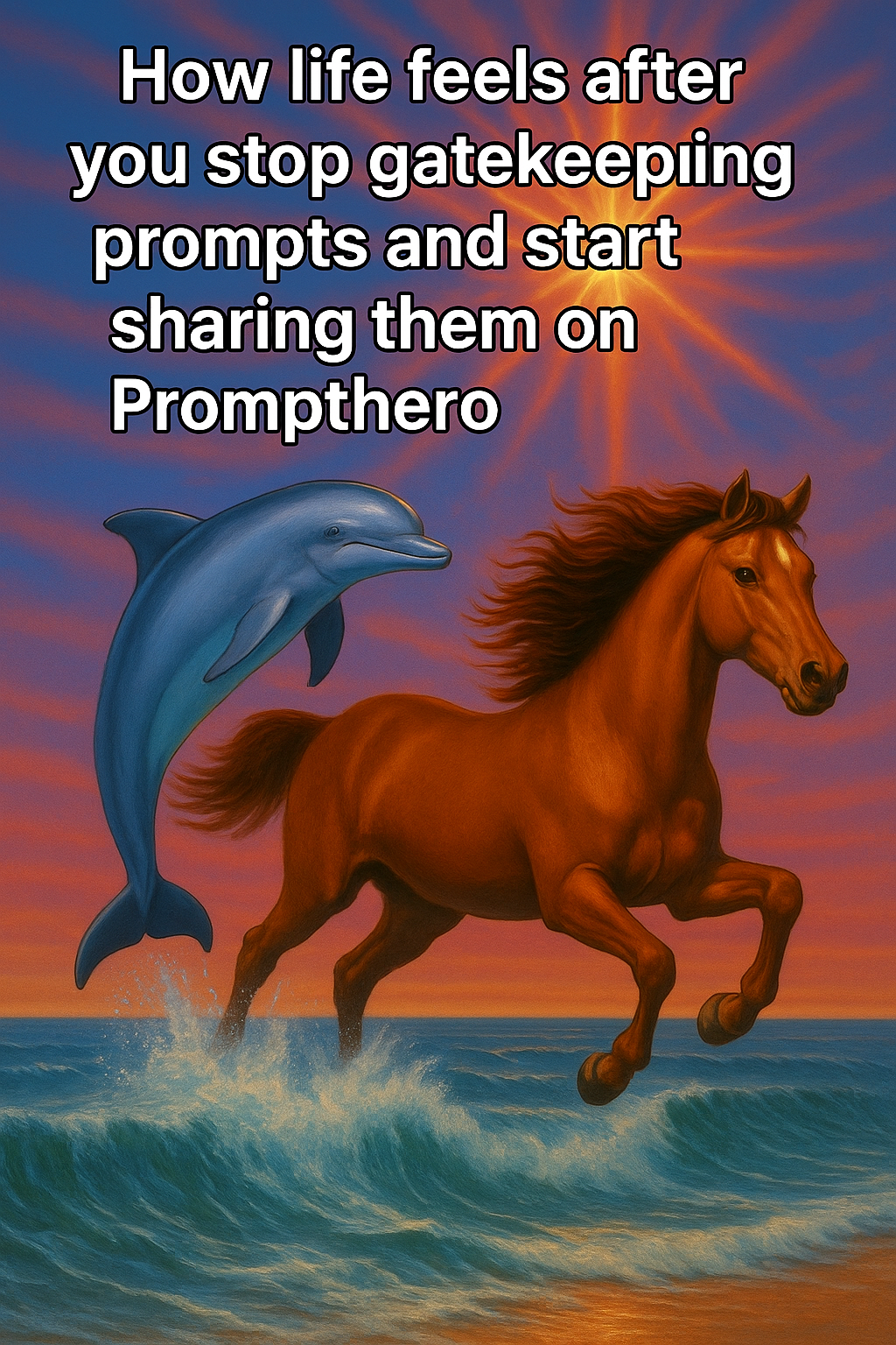 Sora prompt: A surreal, joyful scene featuring a brown horse ga...