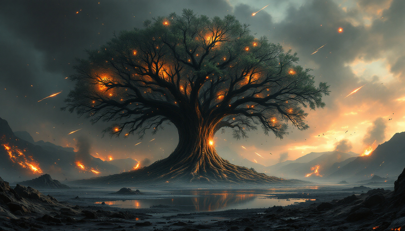 FLUX prompt: A surreal, apocalyptic war scene featuring a massi...