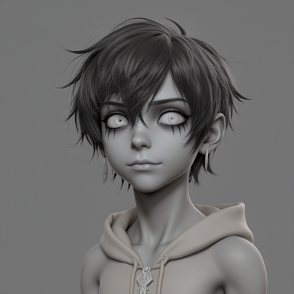 FLUX prompt: a dark-haired boy, gothcore, zbrush, character car...
