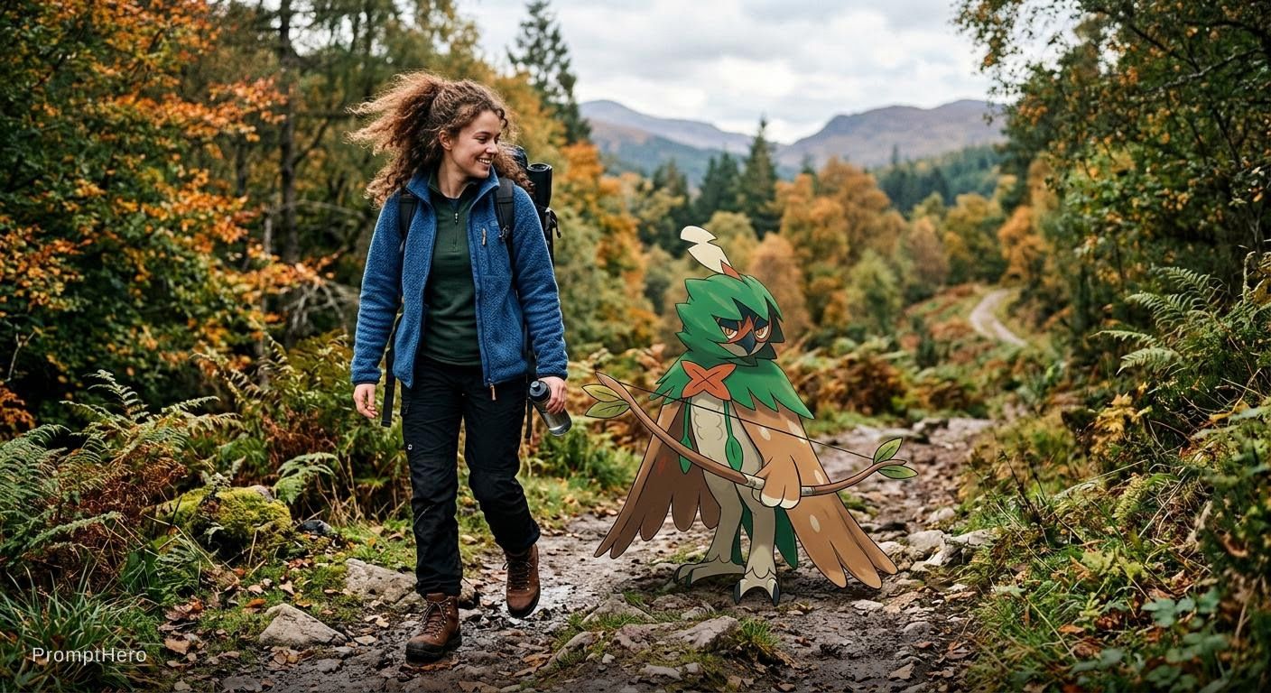Hero prompt: a decidueye with a trainer wearing a blue fleece a...