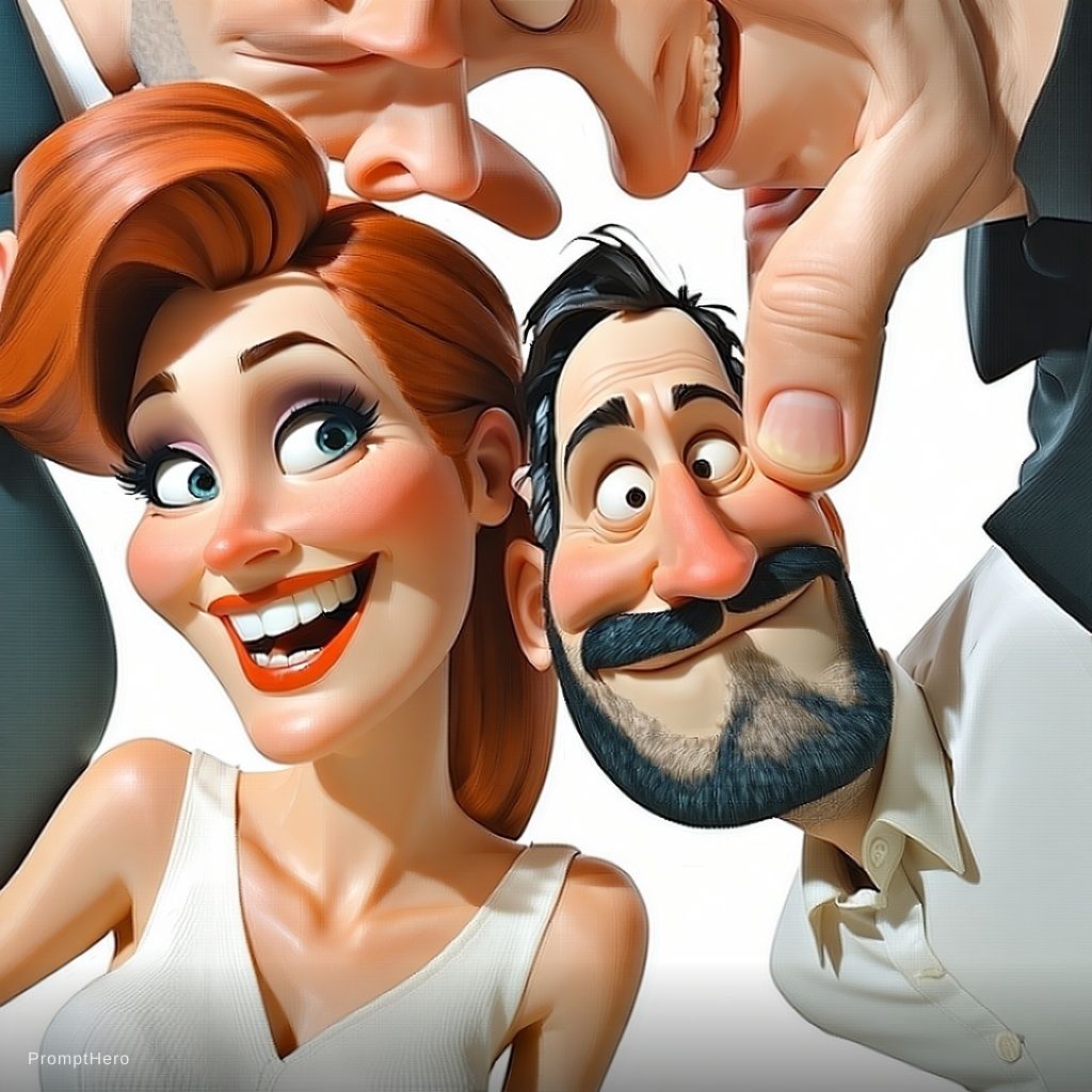 Hero prompt: funny caricature, adult man and woman (input Image...